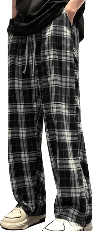 Track Pants for Men Plaid Casual Lounge Gym Plus Size Joggers Sweatpants Fleece Pajama Pants Lightweight Wide Leg