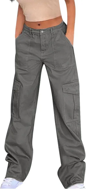 Trendy Cargo Jeans for Women Loose Straight Leg Denim Jean Casual Multi-Pocket Denim Pants Full Length Trousers