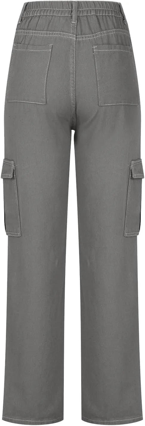Trendy Cargo Jeans for Women Loose Straight Leg Denim Jean Casual Multi-Pocket Denim Pants Full Length Trousers