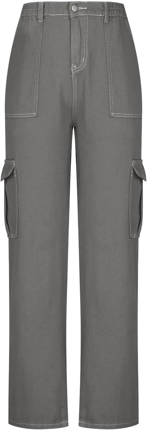 Trendy Cargo Jeans for Women Loose Straight Leg Denim Jean Casual Multi-Pocket Denim Pants Full Length Trousers