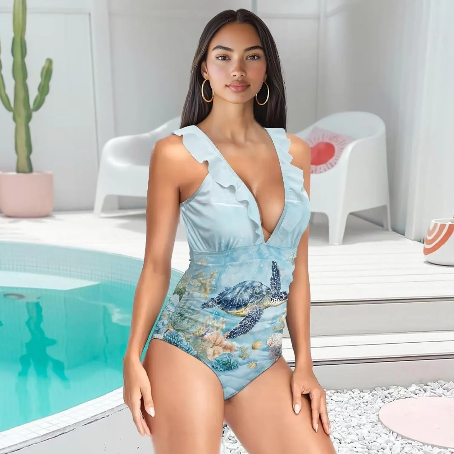 Tummy Control Swimsuit for Women One Piece Summer Bathing Suit Ruffle V-Neck Swimwear Sexy Slim Beachwear XS-2XL