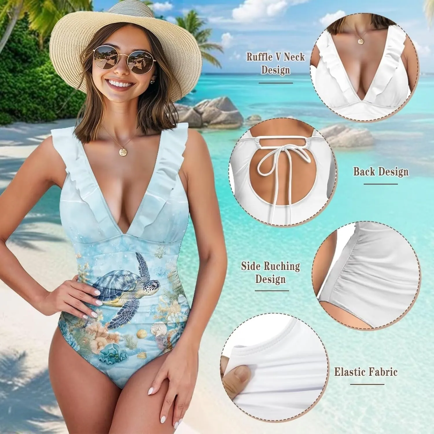 Tummy Control Swimsuit for Women One Piece Summer Bathing Suit Ruffle V-Neck Swimwear Sexy Slim Beachwear XS-2XL