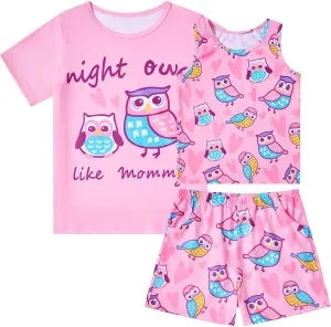 uideazone Girls Pajamas 3 Pieces Set Shirts&Tank Shorts Pjs Sets Cute Sleepwear Size 5-14