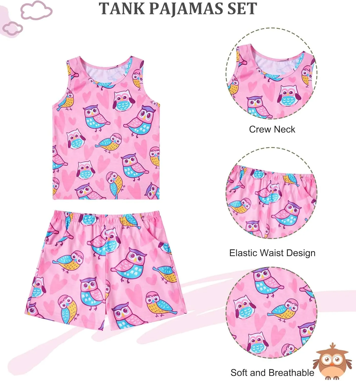 uideazone Girls Pajamas 3 Pieces Set Shirts&Tank Shorts Pjs Sets Cute Sleepwear Size 5-14