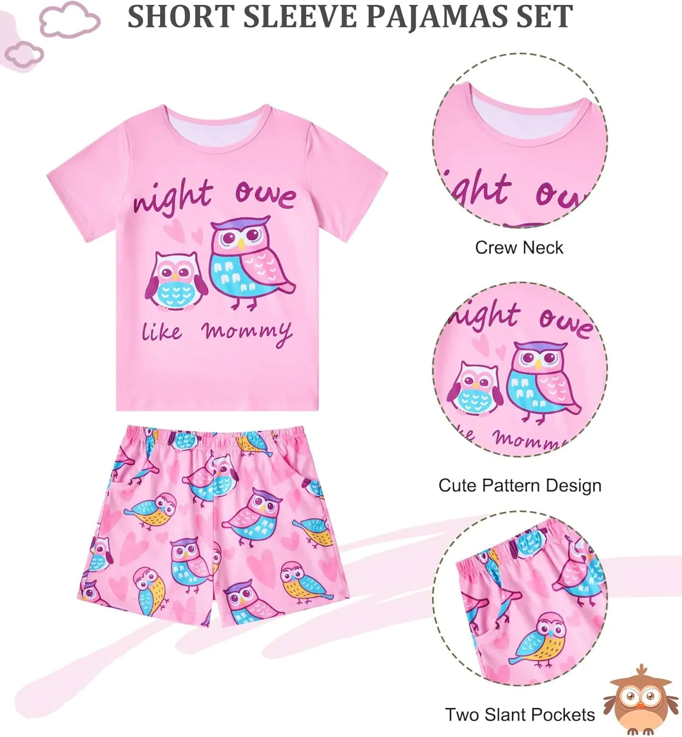 uideazone Girls Pajamas 3 Pieces Set Shirts&Tank Shorts Pjs Sets Cute Sleepwear Size 5-14