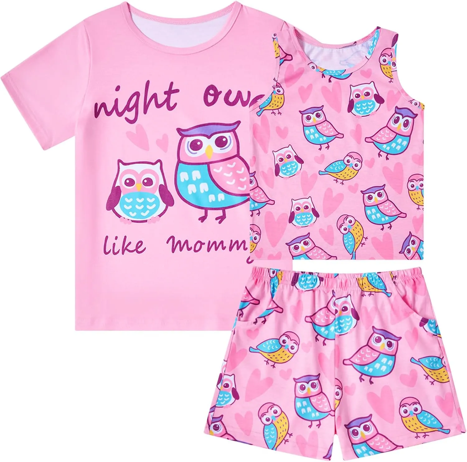 uideazone Girls Pajamas 3 Pieces Set Shirts&Tank Shorts Pjs Sets Cute Sleepwear Size 5-14