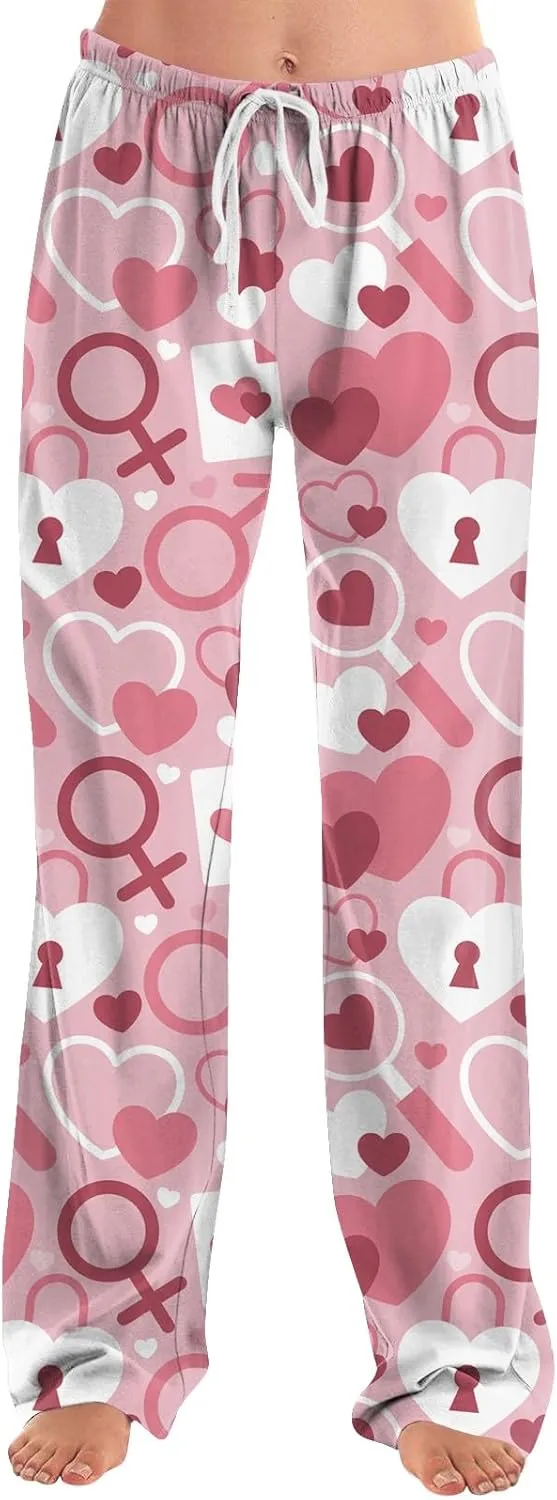 Valentines Day Print Pajamas Pant Womens Elastic Waist Cute Heart Sleepwear Pants S-3XL