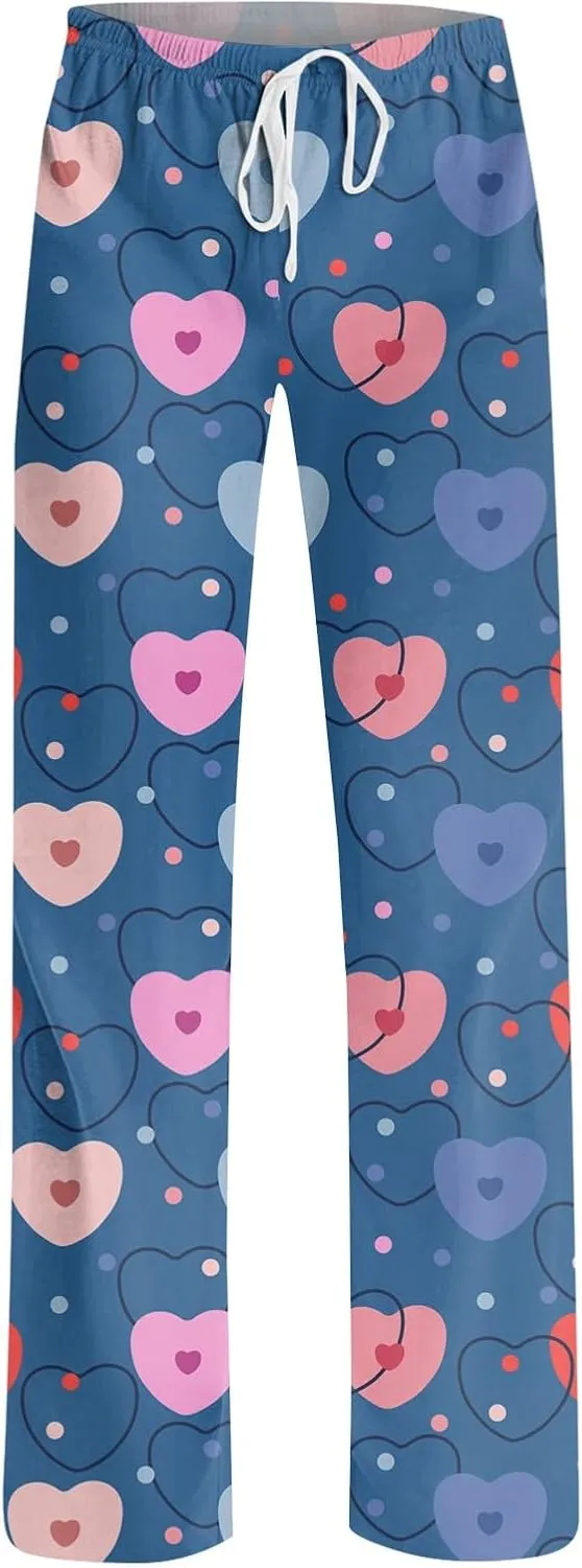 Valentines Day Print Pajamas Pant Womens Elastic Waist Cute Heart Sleepwear Pants S-3XL