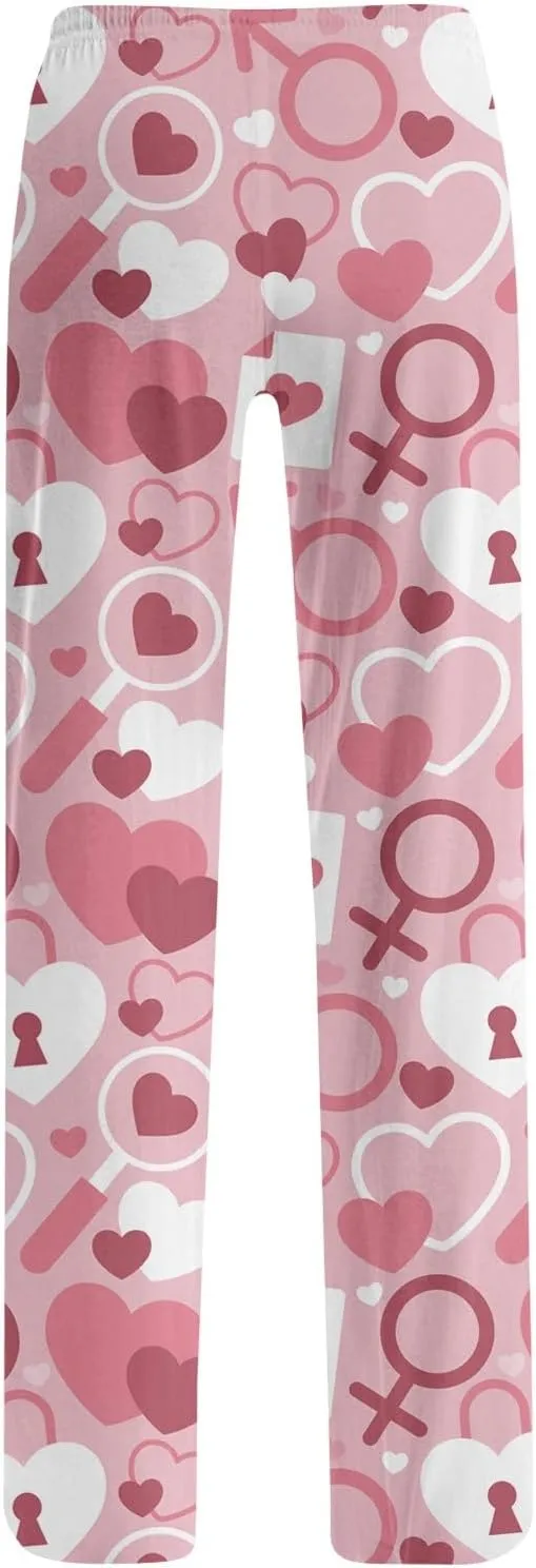 Valentines Day Print Pajamas Pant Womens Elastic Waist Cute Heart Sleepwear Pants S-3XL