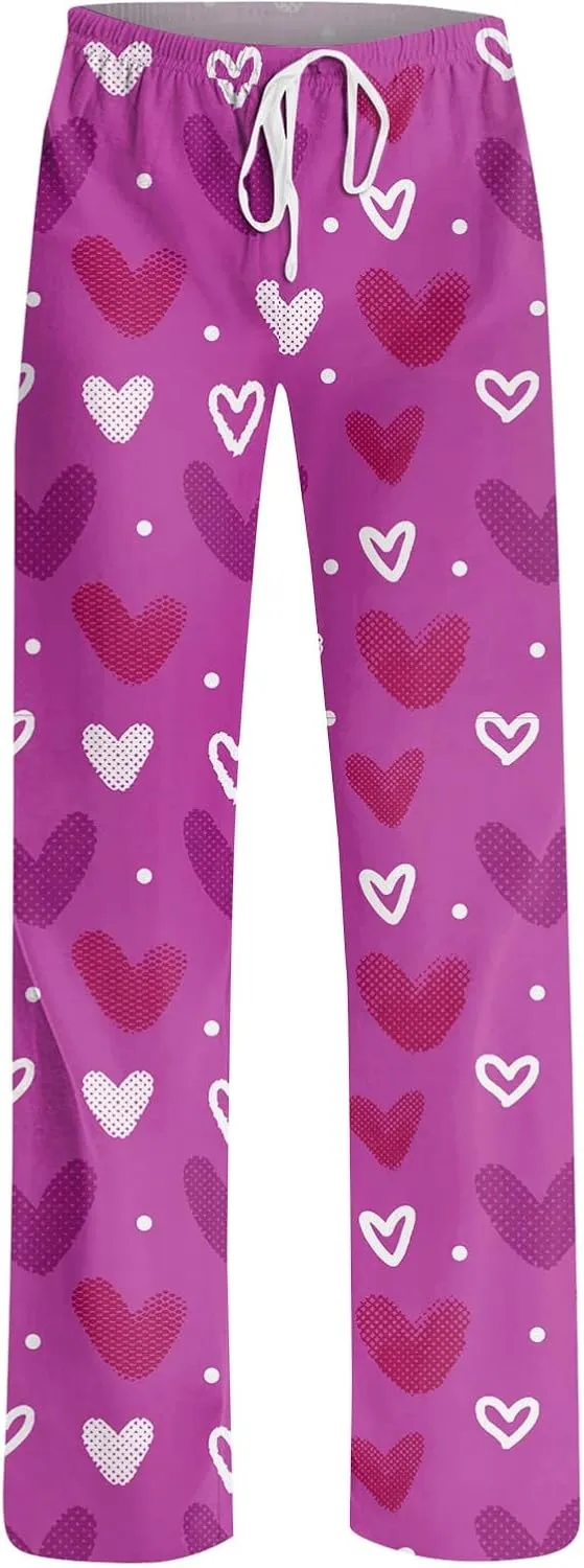 Valentines Day Print Pajamas Pant Womens Elastic Waist Cute Heart Sleepwear Pants S-3XL