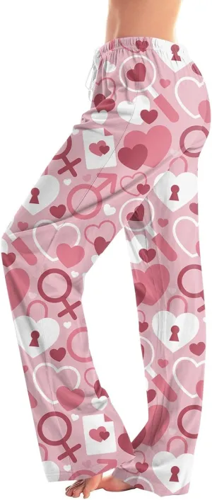 Valentines Day Print Pajamas Pant Womens Elastic Waist Cute Heart Sleepwear Pants S-3XL