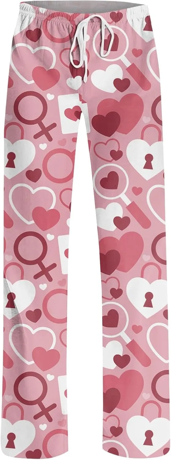 Valentines Day Print Pajamas Pant Womens Elastic Waist Cute Heart Sleepwear Pants S-3XL
