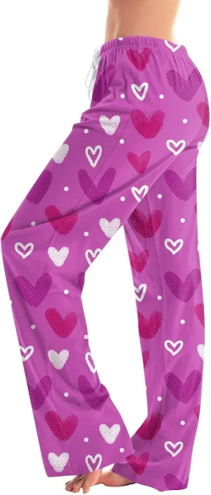 Valentines Day Print Pajamas Pant Womens Elastic Waist Cute Heart Sleepwear Pants S-3XL