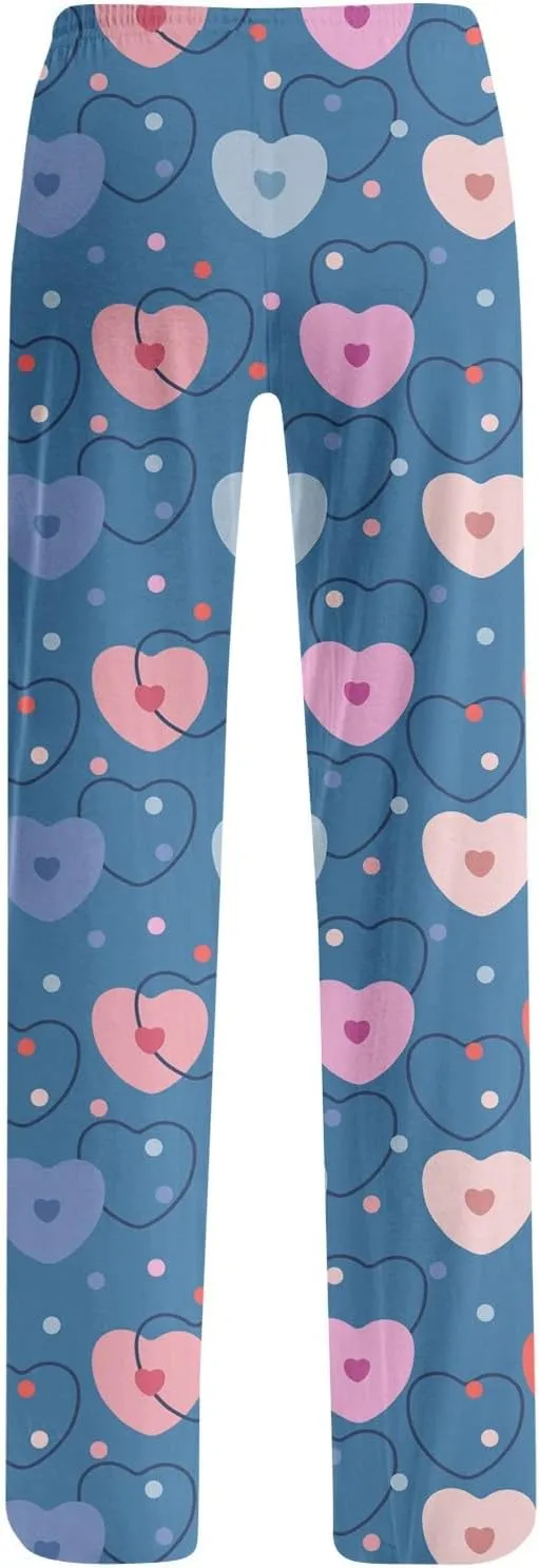 Valentines Day Print Pajamas Pant Womens Elastic Waist Cute Heart Sleepwear Pants S-3XL