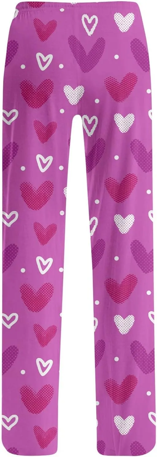 Valentines Day Print Pajamas Pant Womens Elastic Waist Cute Heart Sleepwear Pants S-3XL