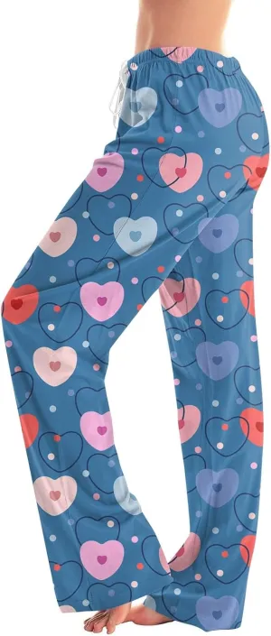 Valentines Day Print Pajamas Pant Womens Elastic Waist Cute Heart Sleepwear Pants S-3XL