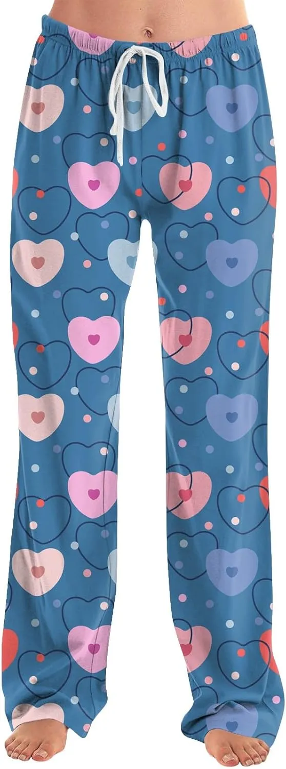 Valentines Day Print Pajamas Pant Womens Elastic Waist Cute Heart Sleepwear Pants S-3XL