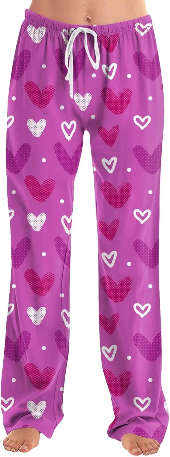 Valentines Day Print Pajamas Pant Womens Elastic Waist Cute Heart Sleepwear Pants S-3XL