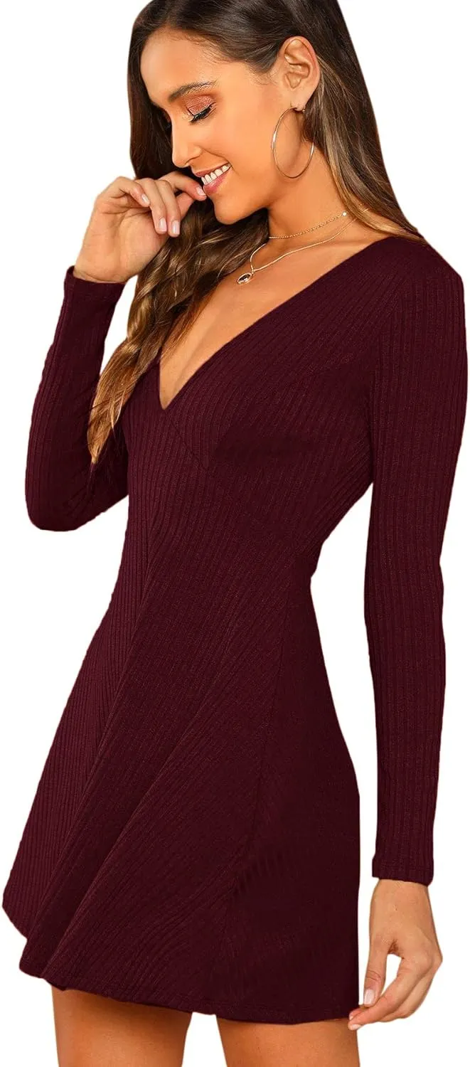 Verdusa Women's Elegant Deep V Neck Long Sleeve Ribbed Short Skater Dress