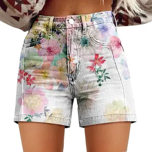 Vintage Denim Shorts for Women 2025 Boho Floral Print Summer Jean Trendy Shorts High Waist Retro Y2K Streetwear