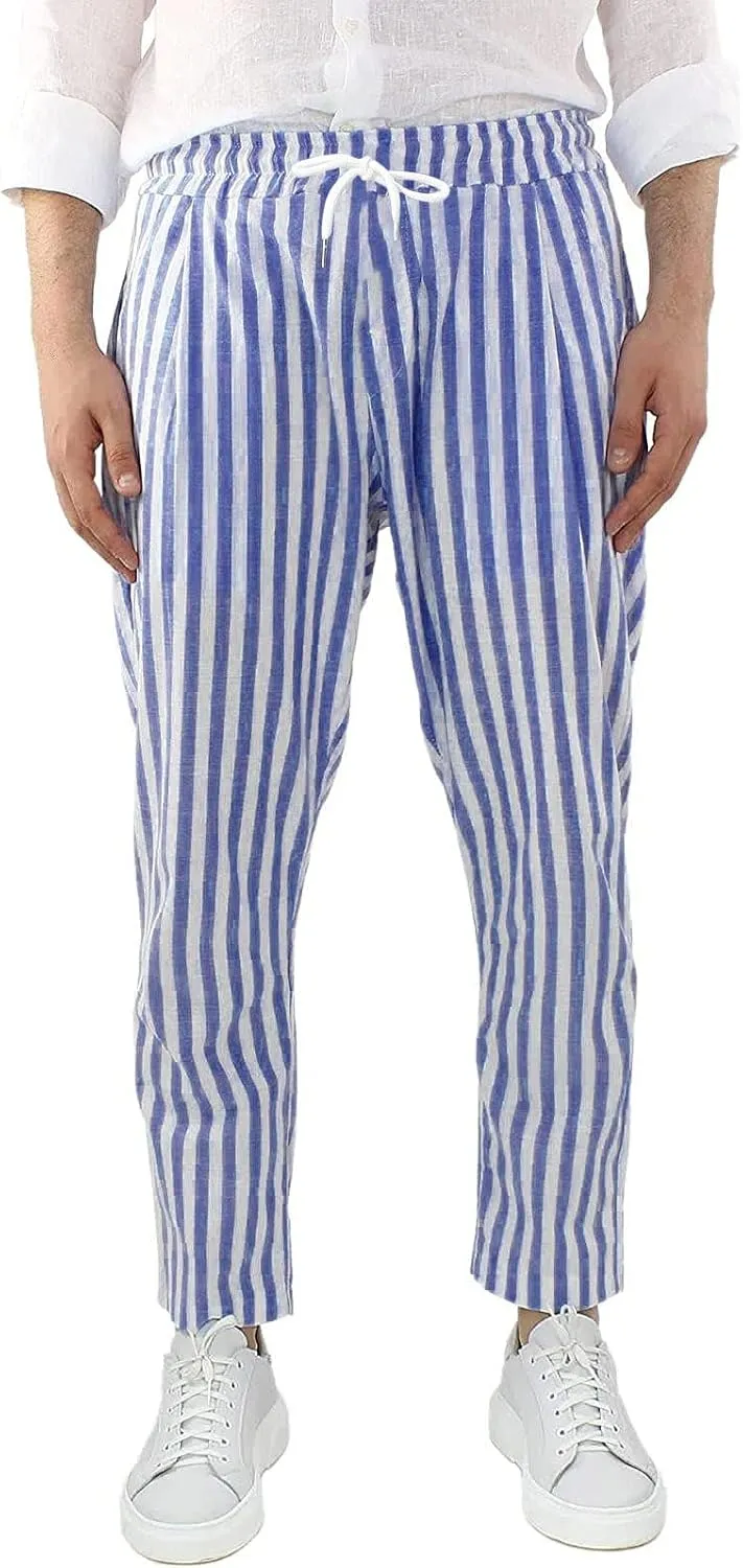 WABEOR Striped Pants for Men Cotton Linen Loose Fit Straight Trousers Breathable Casual Elastic Waist Drawstring Lounge Pants