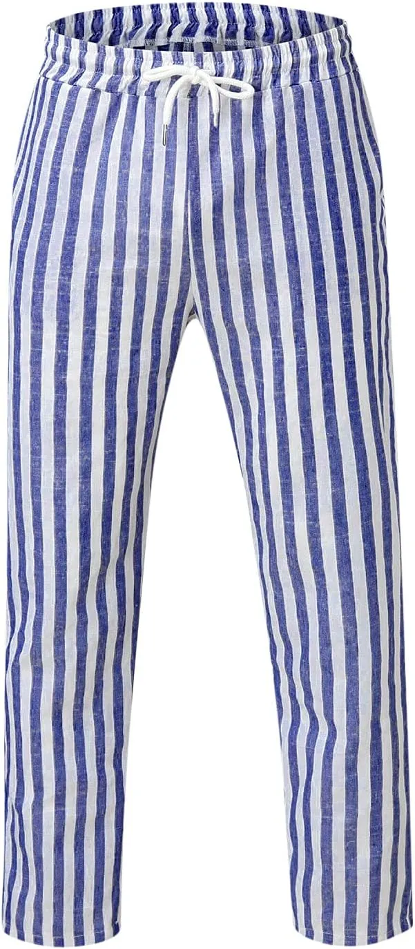 WABEOR Striped Pants for Men Cotton Linen Loose Fit Straight Trousers Breathable Casual Elastic Waist Drawstring Lounge Pants