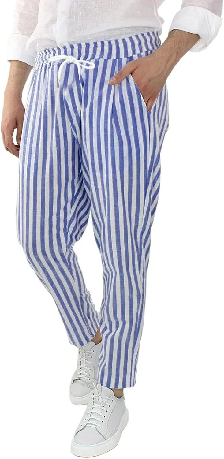 WABEOR Striped Pants for Men Cotton Linen Loose Fit Straight Trousers Breathable Casual Elastic Waist Drawstring Lounge Pants