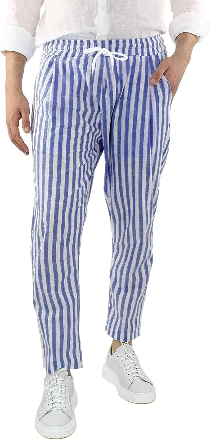 WABEOR Striped Pants for Men Cotton Linen Loose Fit Straight Trousers Breathable Casual Elastic Waist Drawstring Lounge Pants