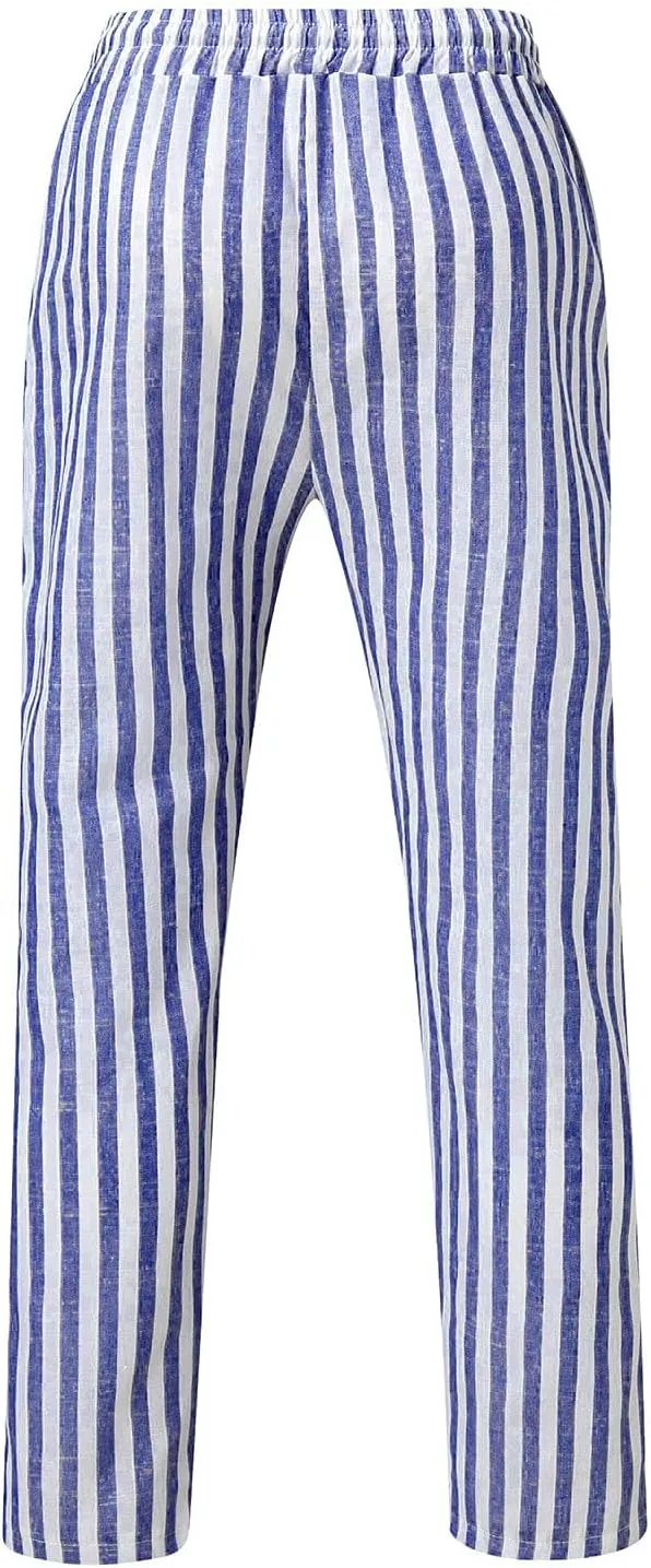 WABEOR Striped Pants for Men Cotton Linen Loose Fit Straight Trousers Breathable Casual Elastic Waist Drawstring Lounge Pants