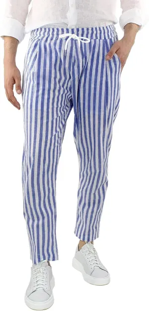 WABEOR Striped Pants for Men Cotton Linen Loose Fit Straight Trousers Breathable Casual Elastic Waist Drawstring Lounge Pants