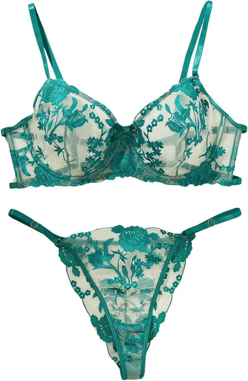 WDIRARA Women's Plus Size Two Piece Floral Embroidered Mesh Sheer Bras and Thong Lingerie Set