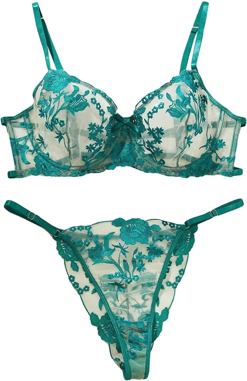 WDIRARA Women's Plus Size Two Piece Floral Embroidered Mesh Sheer Bras and Thong Lingerie Set