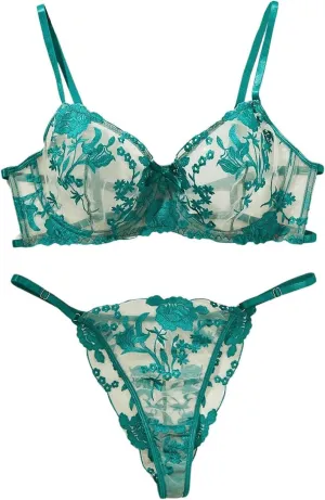 WDIRARA Women's Plus Size Two Piece Floral Embroidered Mesh Sheer Bras and Thong Lingerie Set