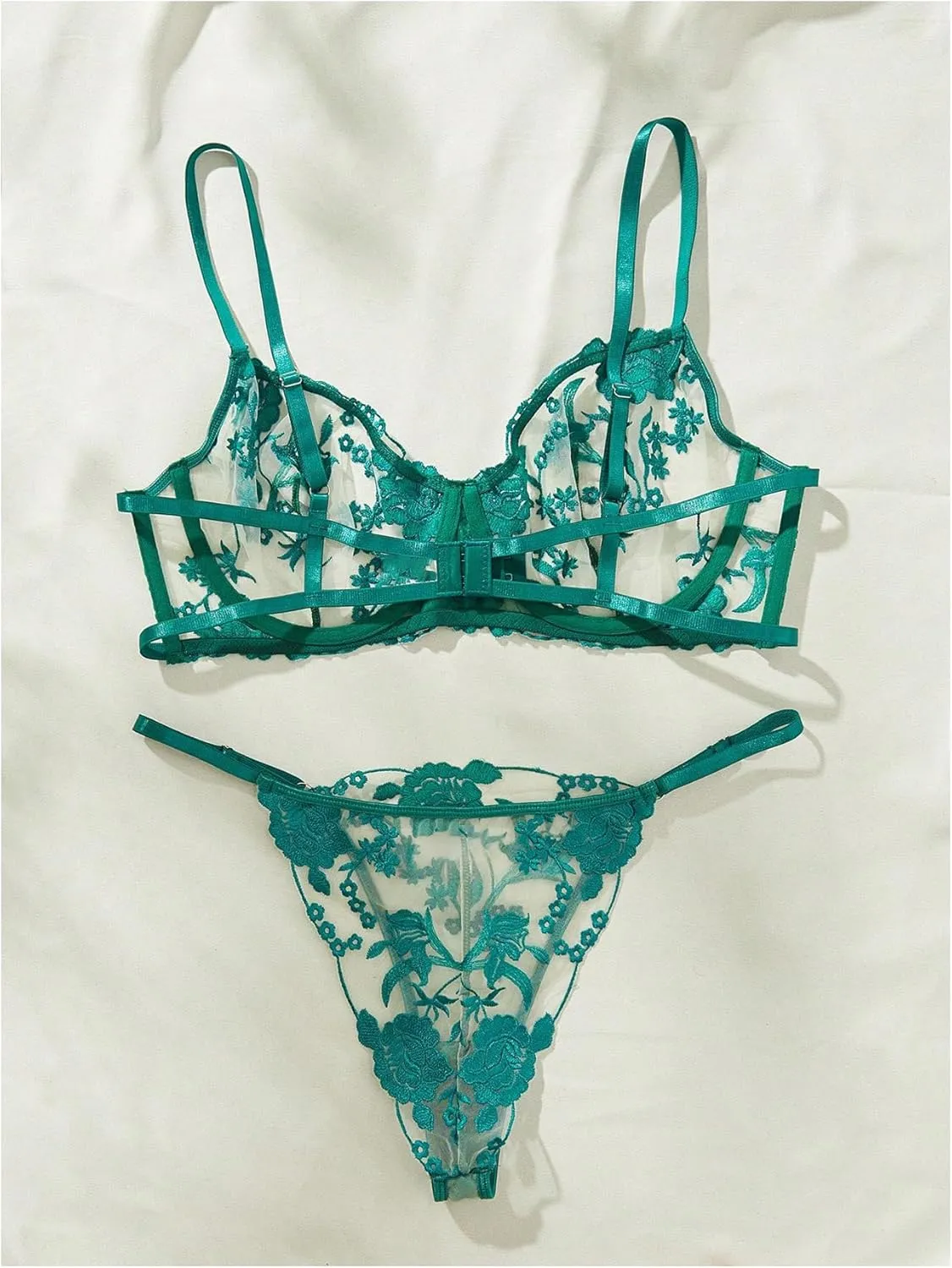 WDIRARA Women's Plus Size Two Piece Floral Embroidered Mesh Sheer Bras and Thong Lingerie Set