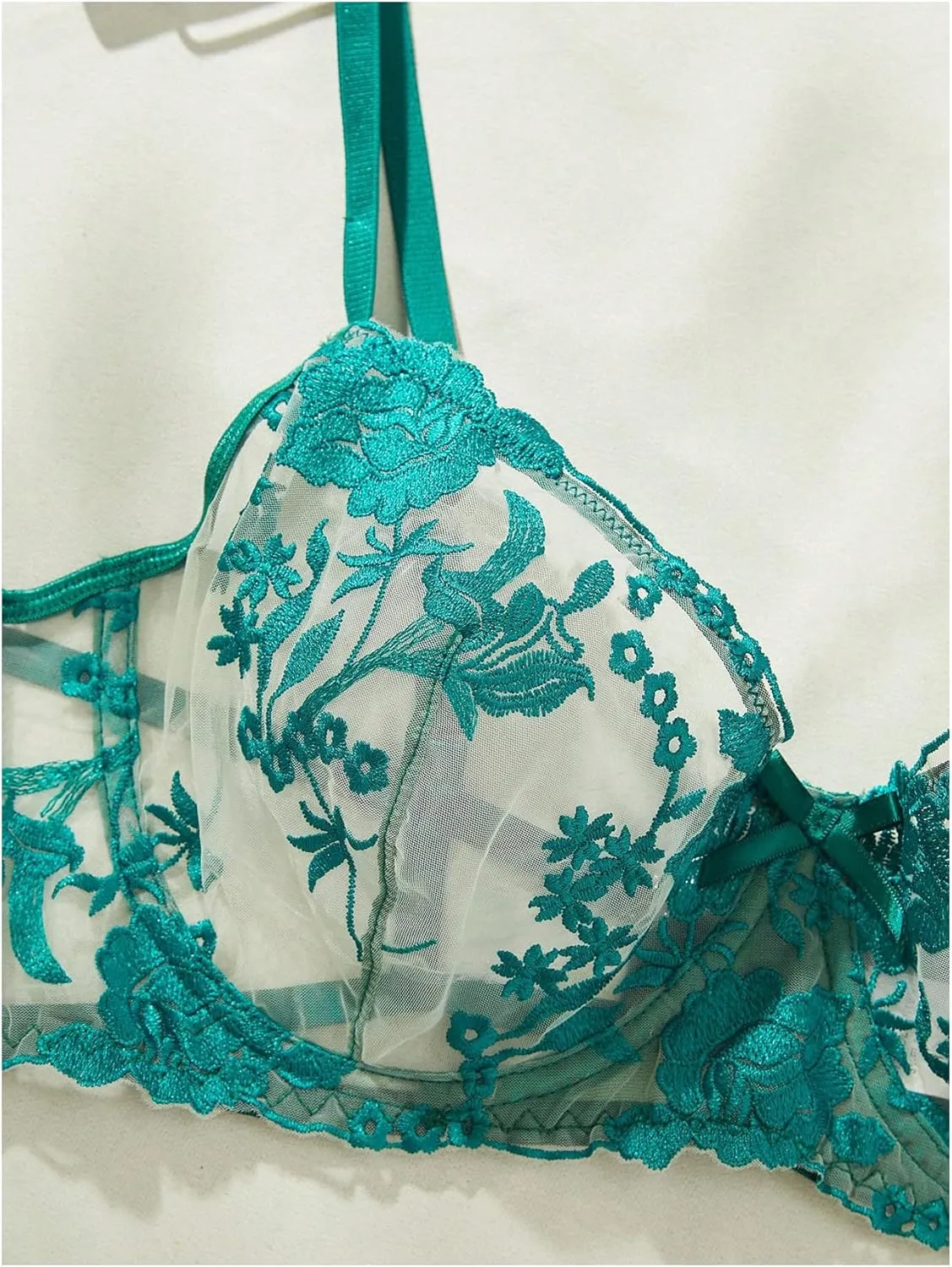 WDIRARA Women's Plus Size Two Piece Floral Embroidered Mesh Sheer Bras and Thong Lingerie Set