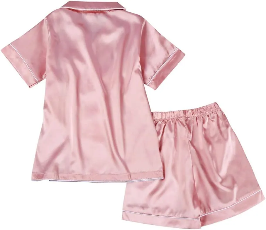 Weixinbuy Pajama Set for Kid Baby Boy Girl Button-up Silk Pajama Sleepwear Nightwear Loungewear Clothes Set Gifts for Kids