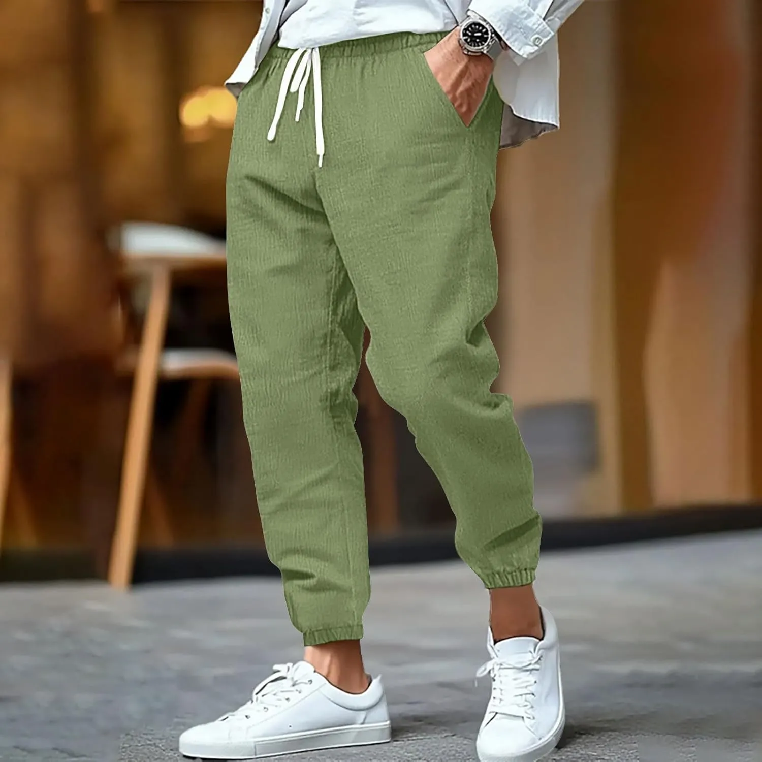 WENKOMG1 Cotton Linen Pants for Men Summer Ankle Length Tapered Elastic Waist Casual Pants Lightweight Breathable Joggers