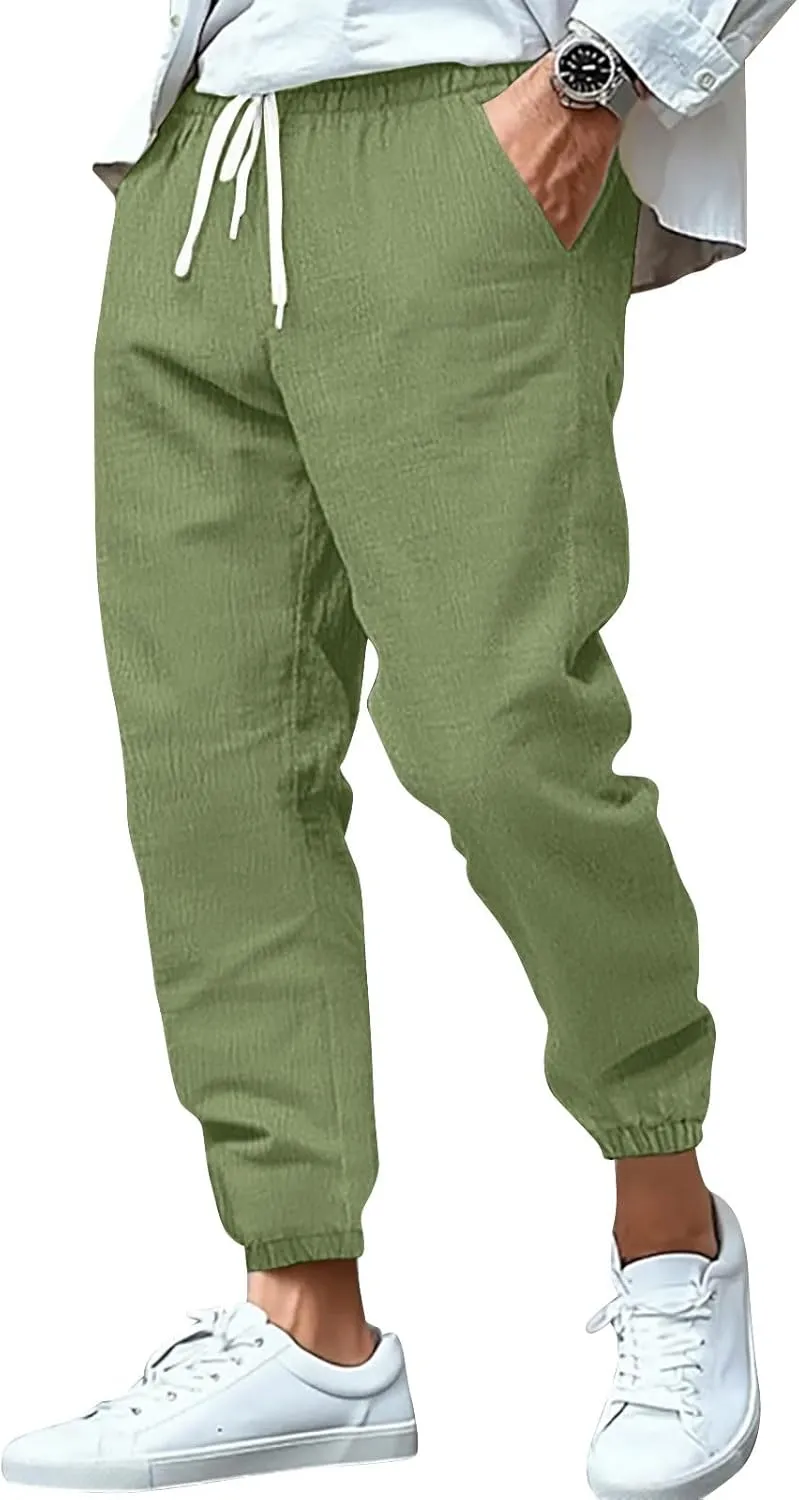 WENKOMG1 Cotton Linen Pants for Men Summer Ankle Length Tapered Elastic Waist Casual Pants Lightweight Breathable Joggers