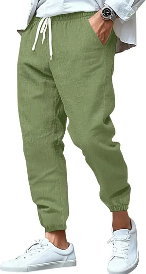 WENKOMG1 Cotton Linen Pants for Men Summer Ankle Length Tapered Elastic Waist Casual Pants Lightweight Breathable Joggers