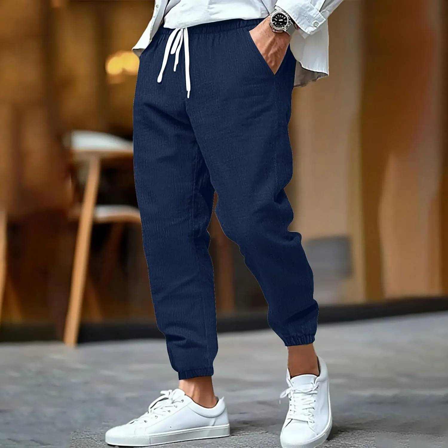 WENKOMG1 Cotton Linen Pants for Men Summer Ankle Length Tapered Elastic Waist Casual Pants Lightweight Breathable Joggers