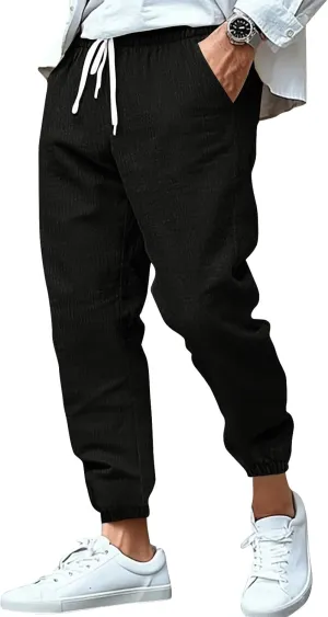WENKOMG1 Cotton Linen Pants for Men Summer Ankle Length Tapered Elastic Waist Casual Pants Lightweight Breathable Joggers