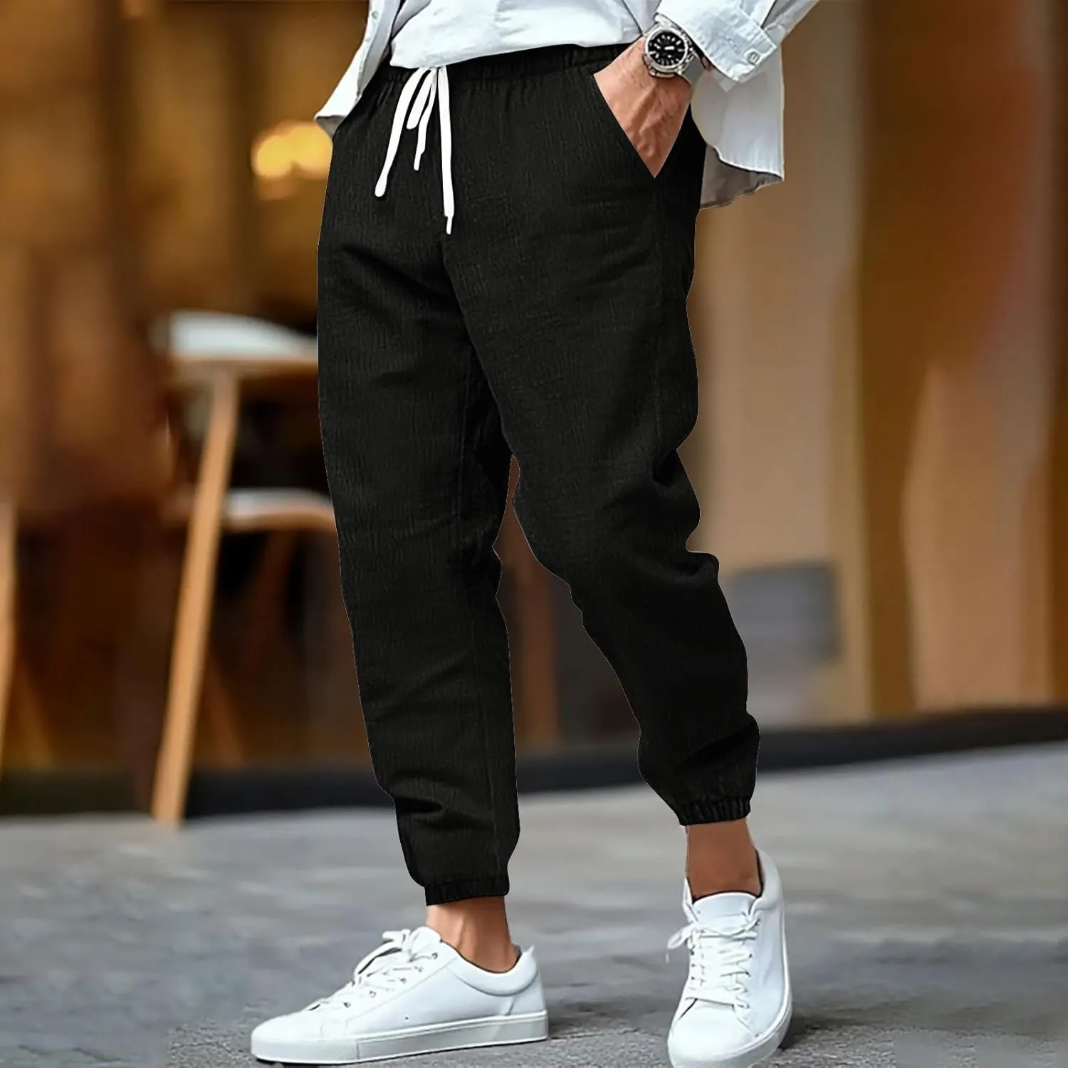 WENKOMG1 Cotton Linen Pants for Men Summer Ankle Length Tapered Elastic Waist Casual Pants Lightweight Breathable Joggers