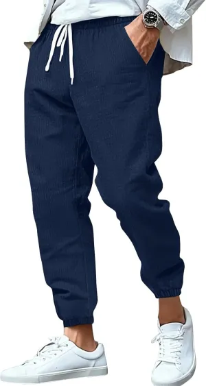 WENKOMG1 Cotton Linen Pants for Men Summer Ankle Length Tapered Elastic Waist Casual Pants Lightweight Breathable Joggers