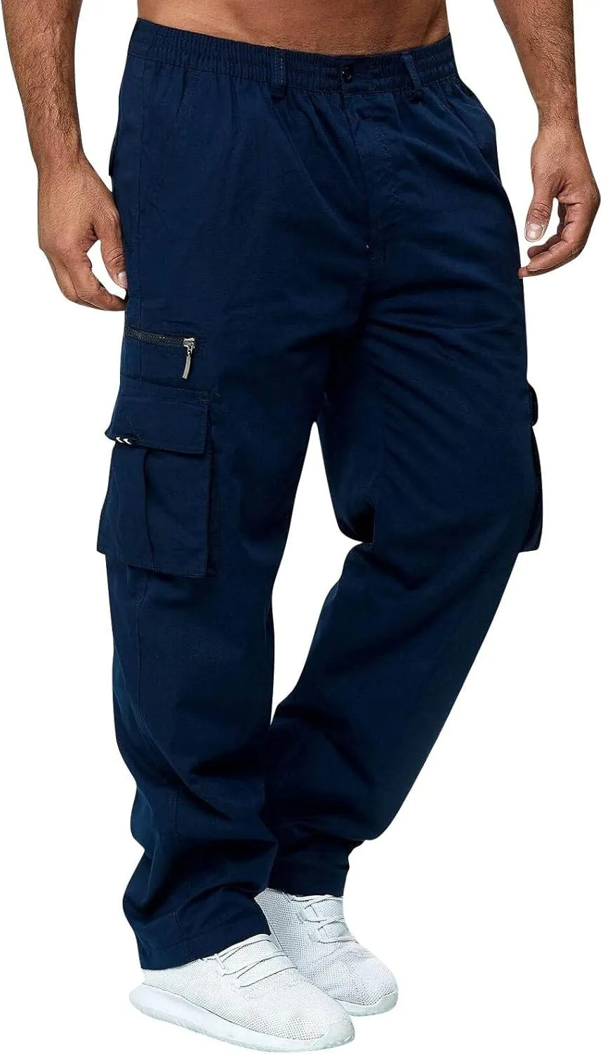WENKOMG1 Mens Casual Cargo Pants Lightweight Multi Pockets Tactical Pants Straight Leg Breathable Summer Workwear