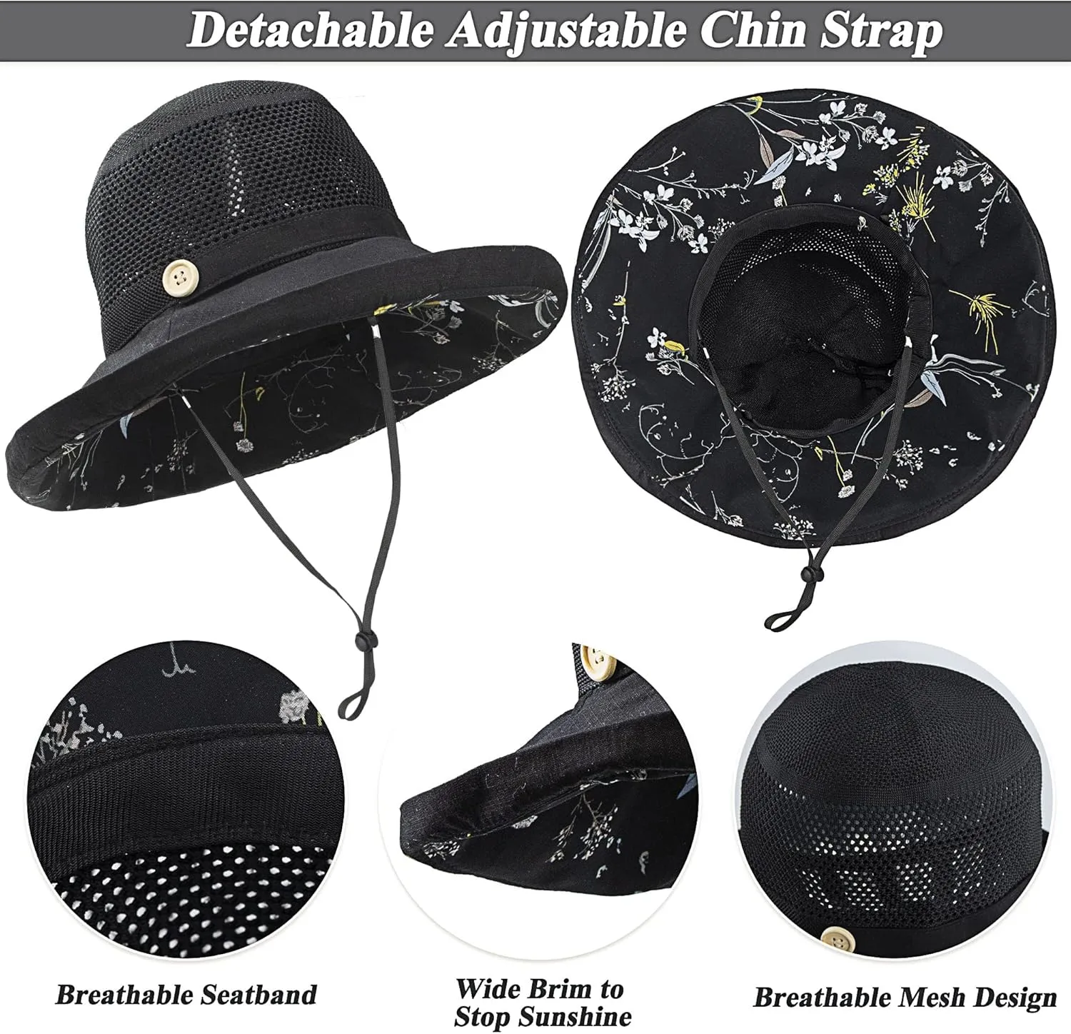 Women Bucket Sun Hats Wide Brim Lightweight & Breathable Mesh Beach Cap Floral UPF50  Fishing Hat