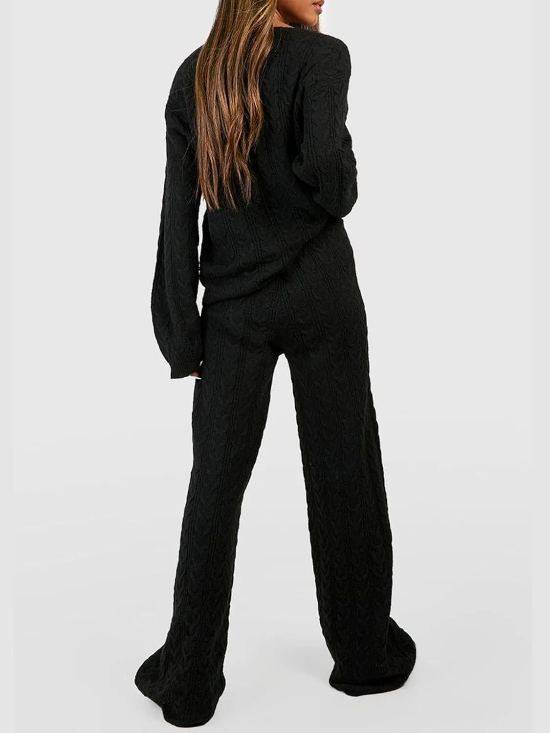 Women Cable Knit Two Piece Outfit Solid Color Long Sleeve Sweater Pullover Top Wide Leg Pants Casual Loose Loungewear