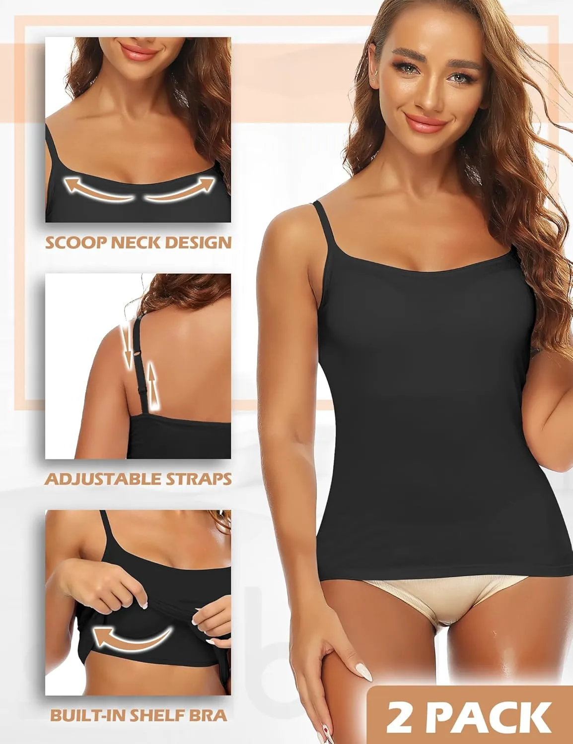 Women Camisole with Built in Bra, Adjustable Spaghetti Strap Cami Tanks Basic Padded Layering Yoga Top