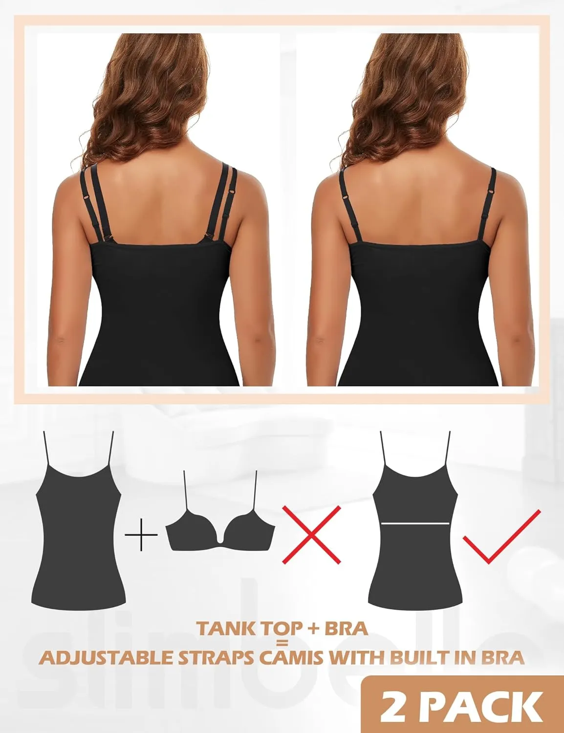 Women Camisole with Built in Bra, Adjustable Spaghetti Strap Cami Tanks Basic Padded Layering Yoga Top