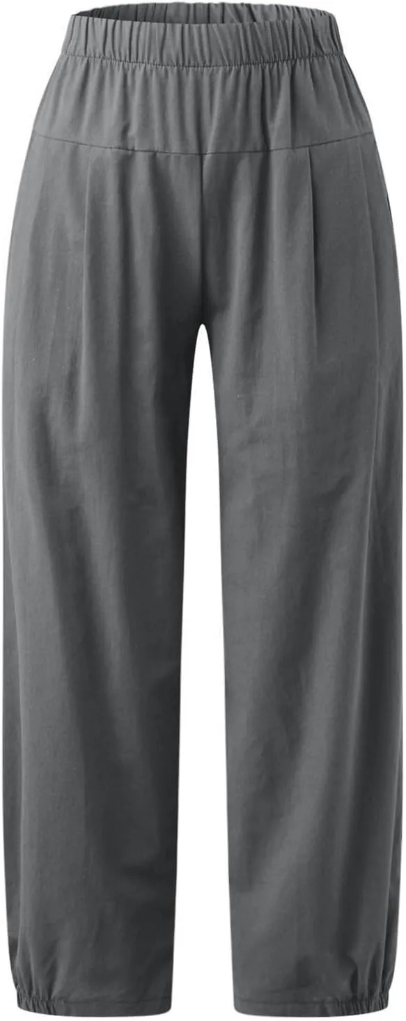 Women Capri Jeans High Waisted 2025 Spring Fashion Loose Pants Cropped Trousers Quick Dry Active Pockets Drawstring