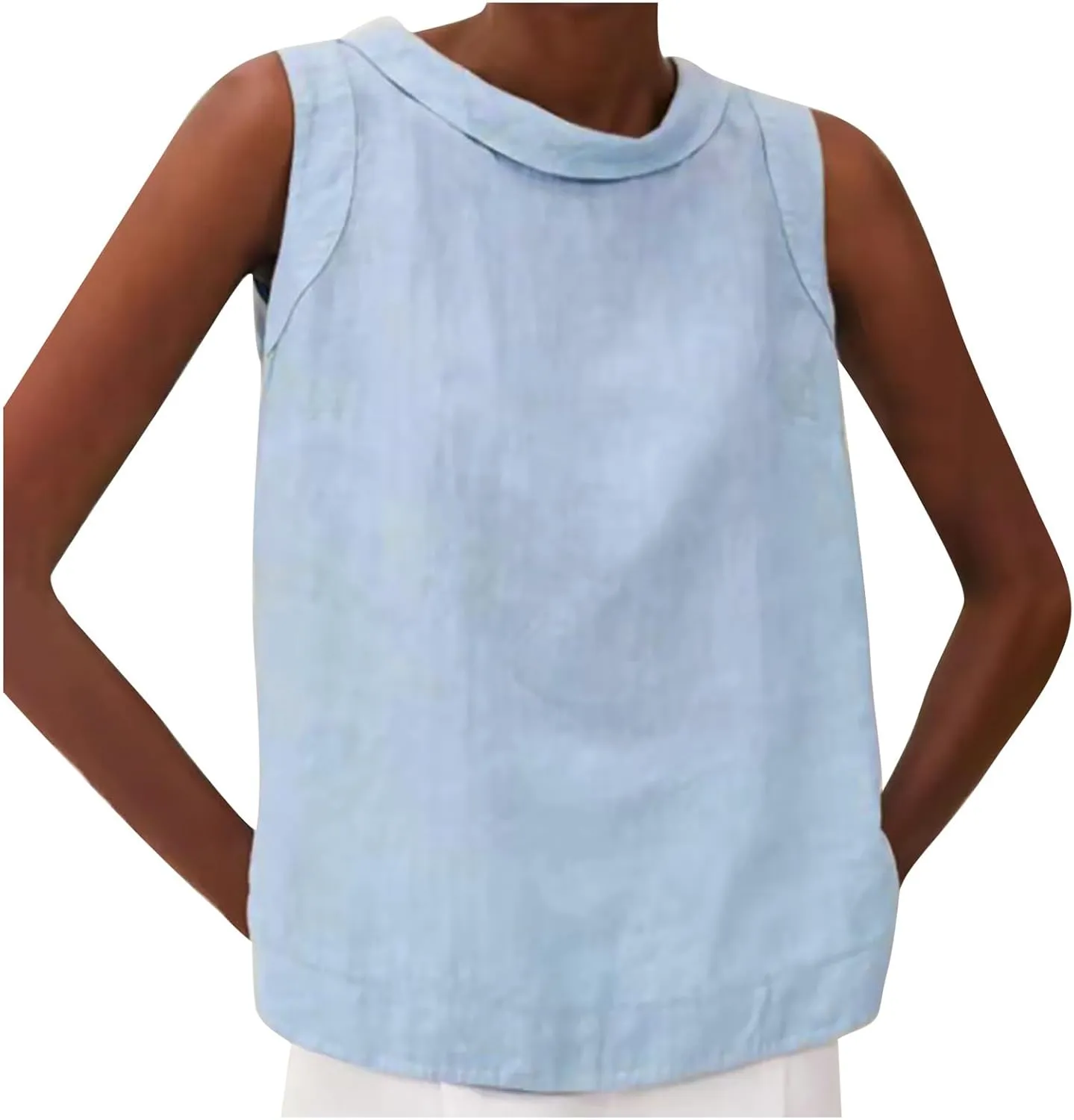 Women Cotton Linen Sleeveless Crop Tank Tops O Neck Shirt Casual Solid Color Loose Fit Comfy T-Shirt Blouse Vest